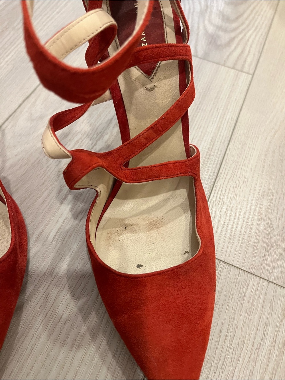 Zara Red Suede Strappy Pointed-Toe Women's Heels - Picture 3 of 6